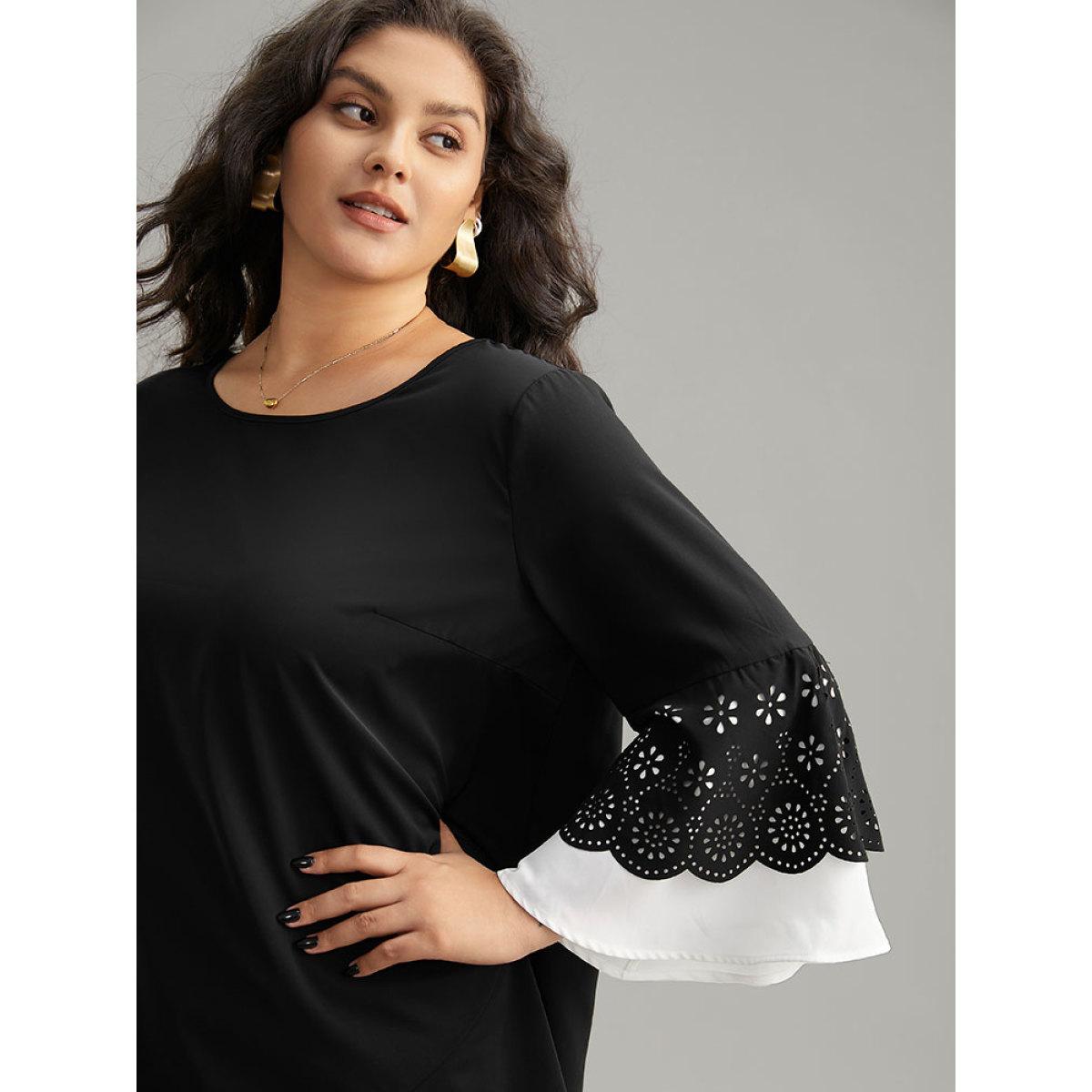 Plus Size Black Anti-Wrinkle Laser Cut Contrast Ruffles Blouse Women Office Long Sleeve Round Neck Office Blouses BloomChic 12/L Product Image