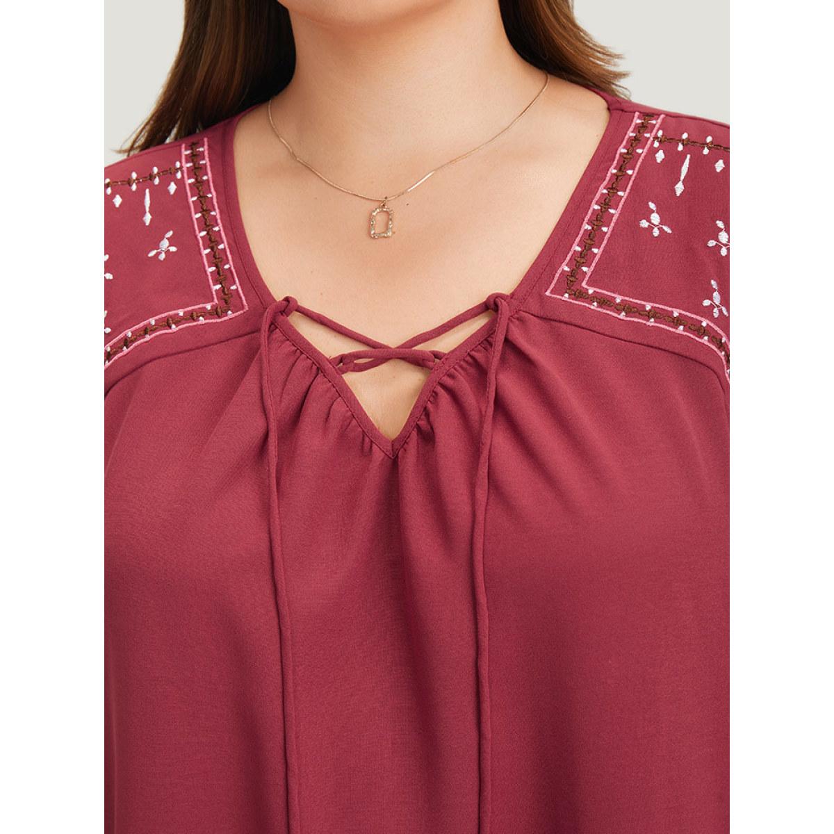 Plus Size Burgundy Plain Embroidered Lace Up Bell Sleeve Blouse Women Vacation Elbow-length sleeve V-neck Dailywear Blouses BloomChic 18-20/2X Product Image