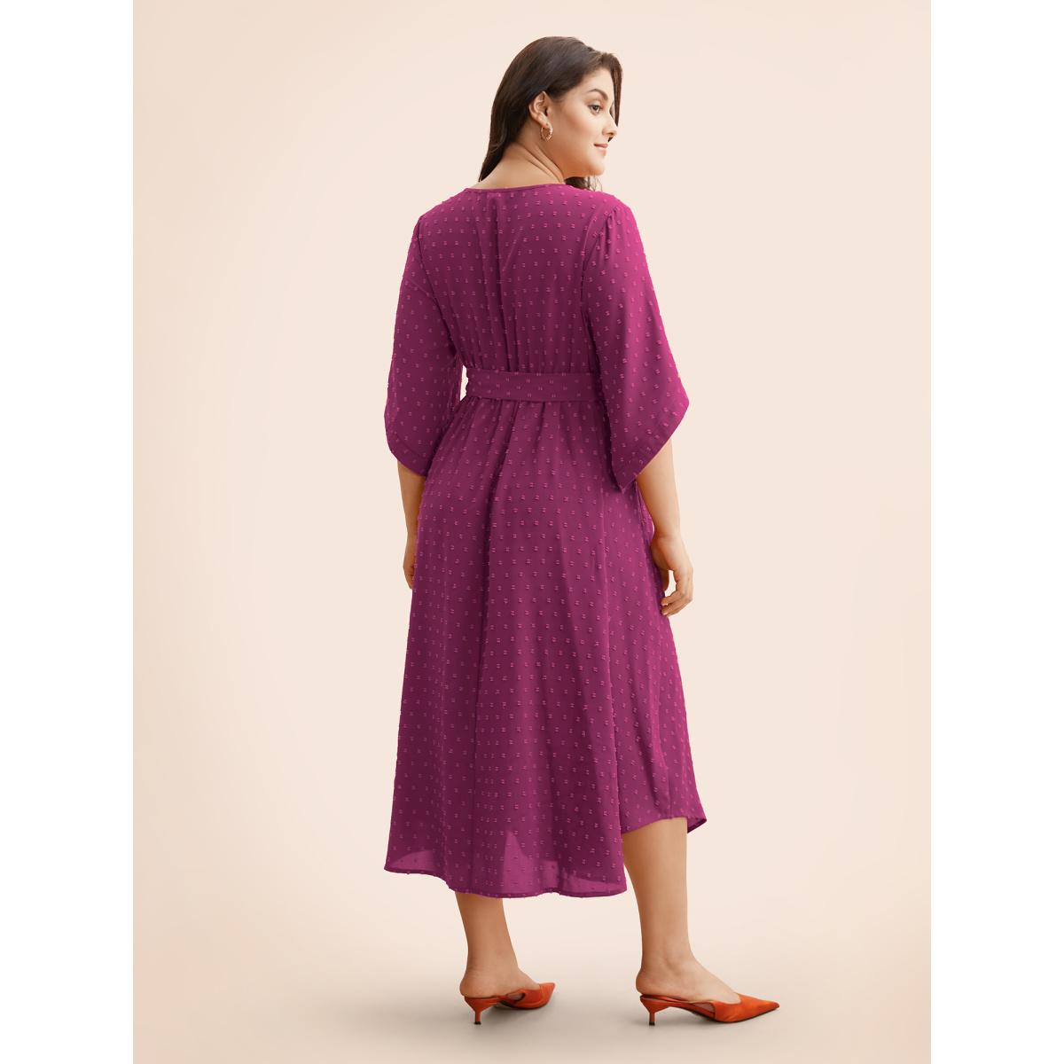 Plus Size Textured Bell Sleeve Belted Arc Hem Dress RedViolet Women Elegant Texture Round Neck Elbow-length sleeve Curvy BloomChic 14-16/1X Product Image