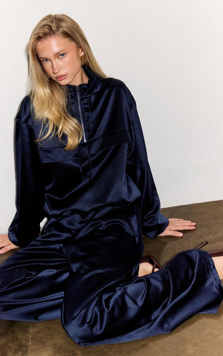 Navy Satin Wide Leg Pants Product Image