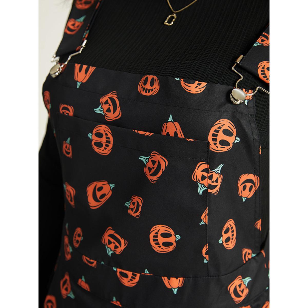 Plus Size Halloween Pocket Pumpkin Print Overall Cami Dress Black Women Playful Adjustable Straps Spaghetti Strap Sleeveless Curvy Midi Dress BloomChic 18-20/2X Product Image