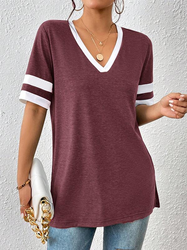 Loose Short Sleeves Split-Joint Split-Side Striped V-Neck T-Shirts Tops Product Image