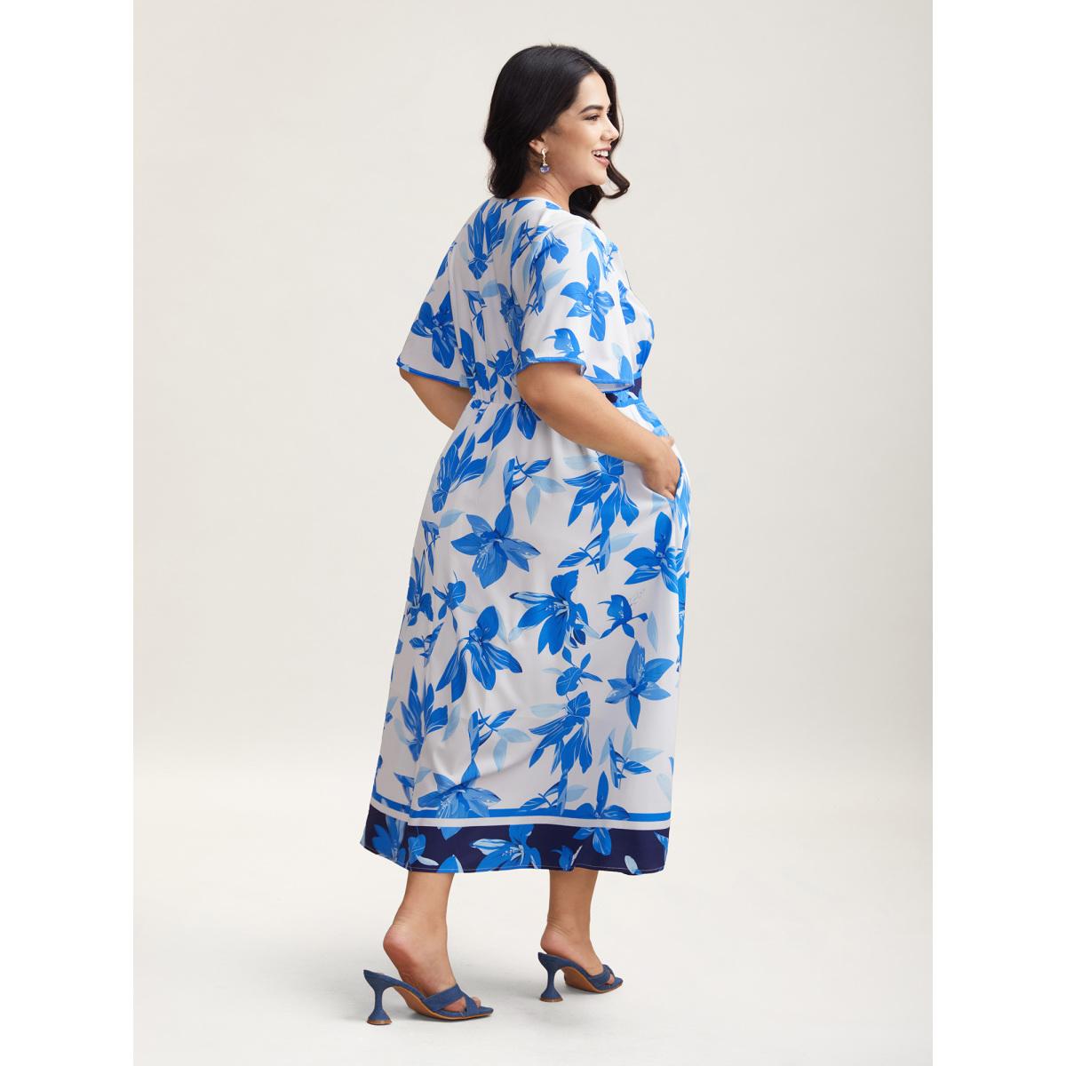 Plus Size Positioned Floral Waist-Cinched Midi Dress DarkBlue Women Elegant Gathered V-neck Half Sleeve Curvy BloomChic 22-24/3X Product Image