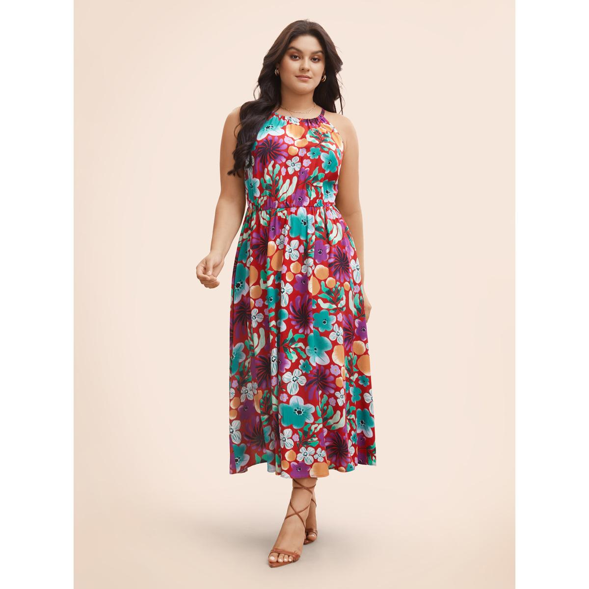 Plus Size Floral Printed Patchwork Side Seam Pocket Dress Burgundy Women Resort Gathered Non Sleeveless Curvy BloomChic 26/4X Product Image