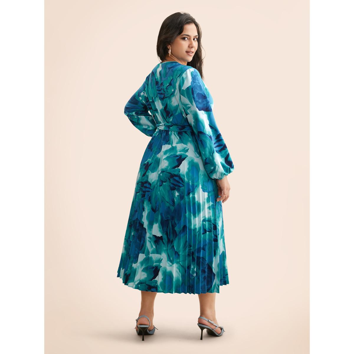 Plus Size Watercolor Floral Pleated Belted Dress DarkBlue Women Elegant Belted V-neck Long Sleeve Curvy BloomChic 22-24/3X Product Image