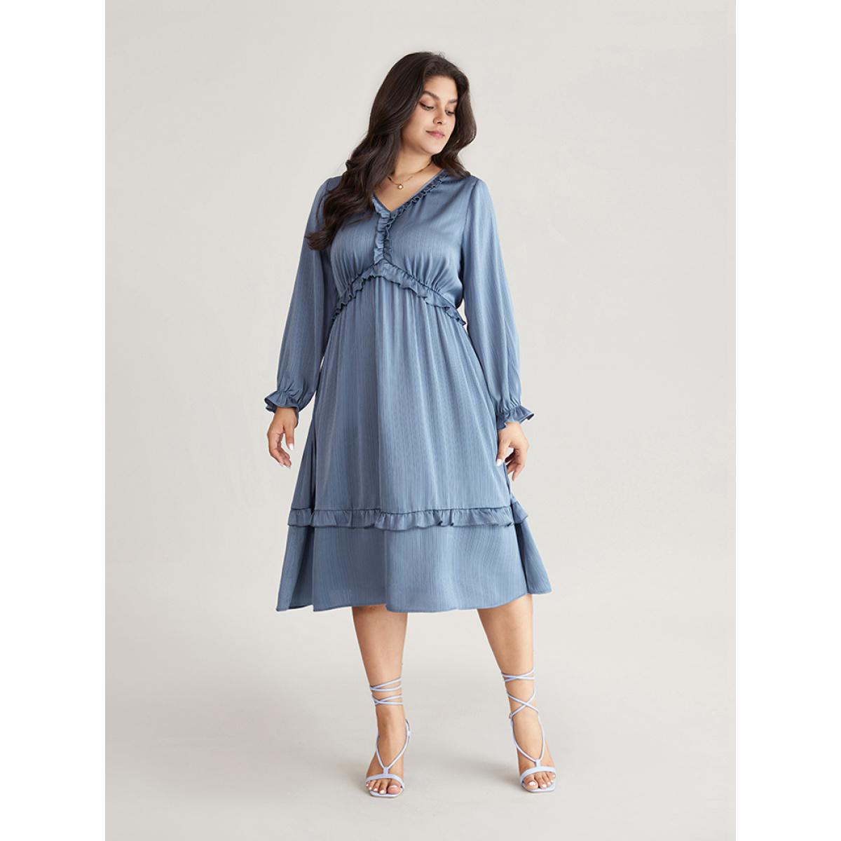 Plus Size Plain Pocket Elastic Waist Ruffles Frill Trim Dress Aegean Women Elegant Gathered V-neck Long Sleeve Curvy Midi Dress BloomChic 18-20/2X Product Image