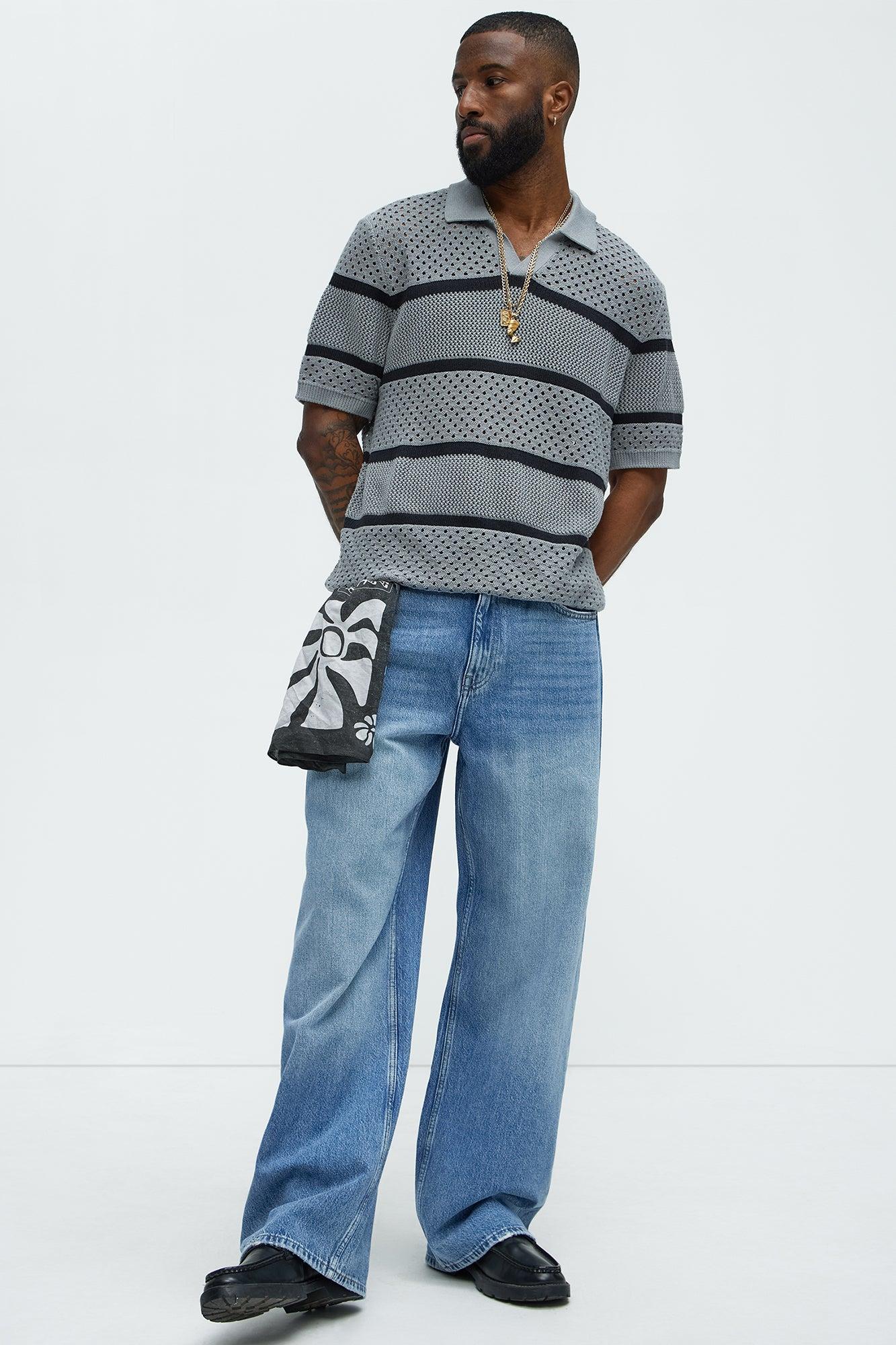 Mixed Texture Knitted Johnny Collar Shirt - Grey/combo Product Image