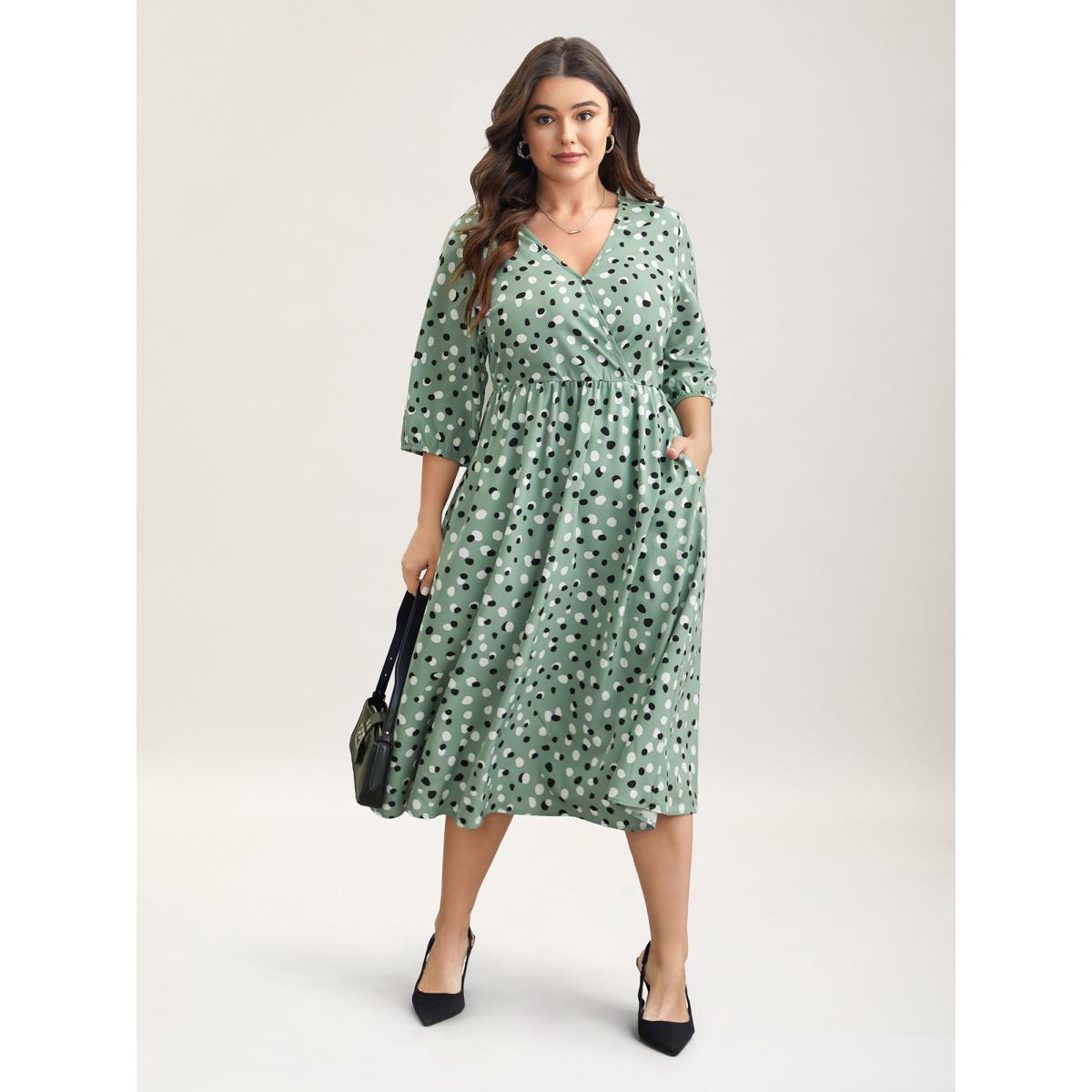Plus Size Dots Print Surplice Neck Midi Dress Greenbean Women At the Office Non Overlap Collar Elbow-length sleeve Curvy BloomChic 26/4X Product Image