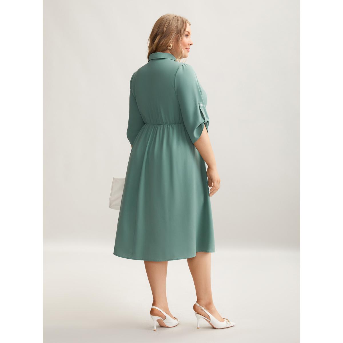 Plus Size Shirt Collar Front Button Placket Midi Dress Greenbean Women At the Office Button Shirt collar Elbow-length sleeve Curvy BloomChic 22-24/3X Product Image