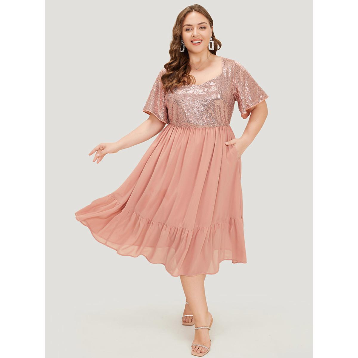 Plus Size Sequin Patchwork Belted Flutter Hem Midi Dress Crepe Women Party Lined V-neck Short sleeve Curvy Midi Dress BloomChic 12/L Product Image