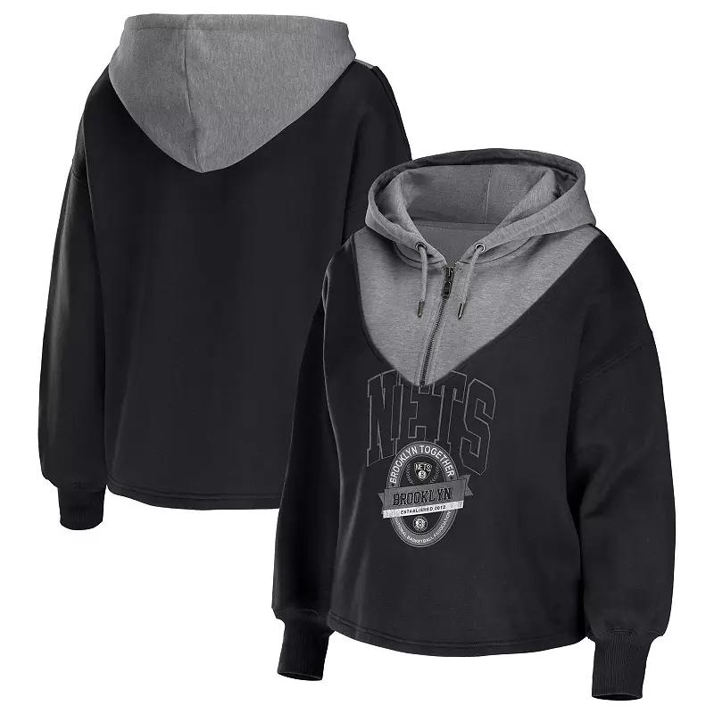 Women's WEAR by Erin Andrews Black Brooklyn Nets Pieced Quarter-Zip Hoodie Jacket,  Product Image