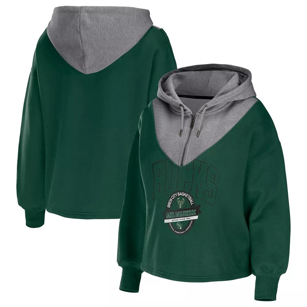 Women's WEAR by Erin Andrews Hunter Green Milwaukee Bucks Pieced Quarter-Zip Hoodie Jacket,  Product Image