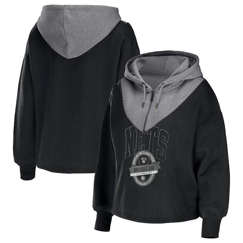 Women's WEAR by Erin Andrews Black Brooklyn Nets Pieced Quarter-Zip Hoodie Jacket,  Product Image