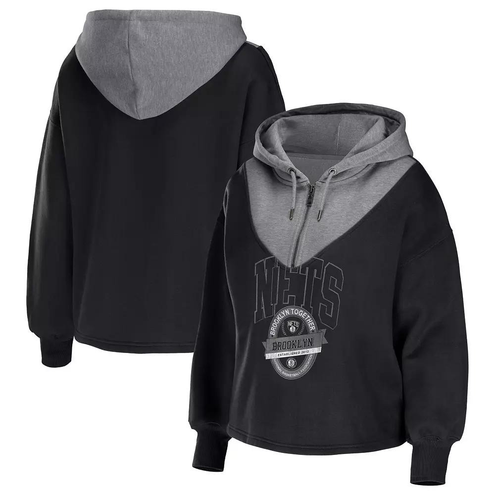 Women's WEAR by Erin Andrews Black Brooklyn Nets Pieced Quarter-Zip Hoodie Jacket,  Product Image