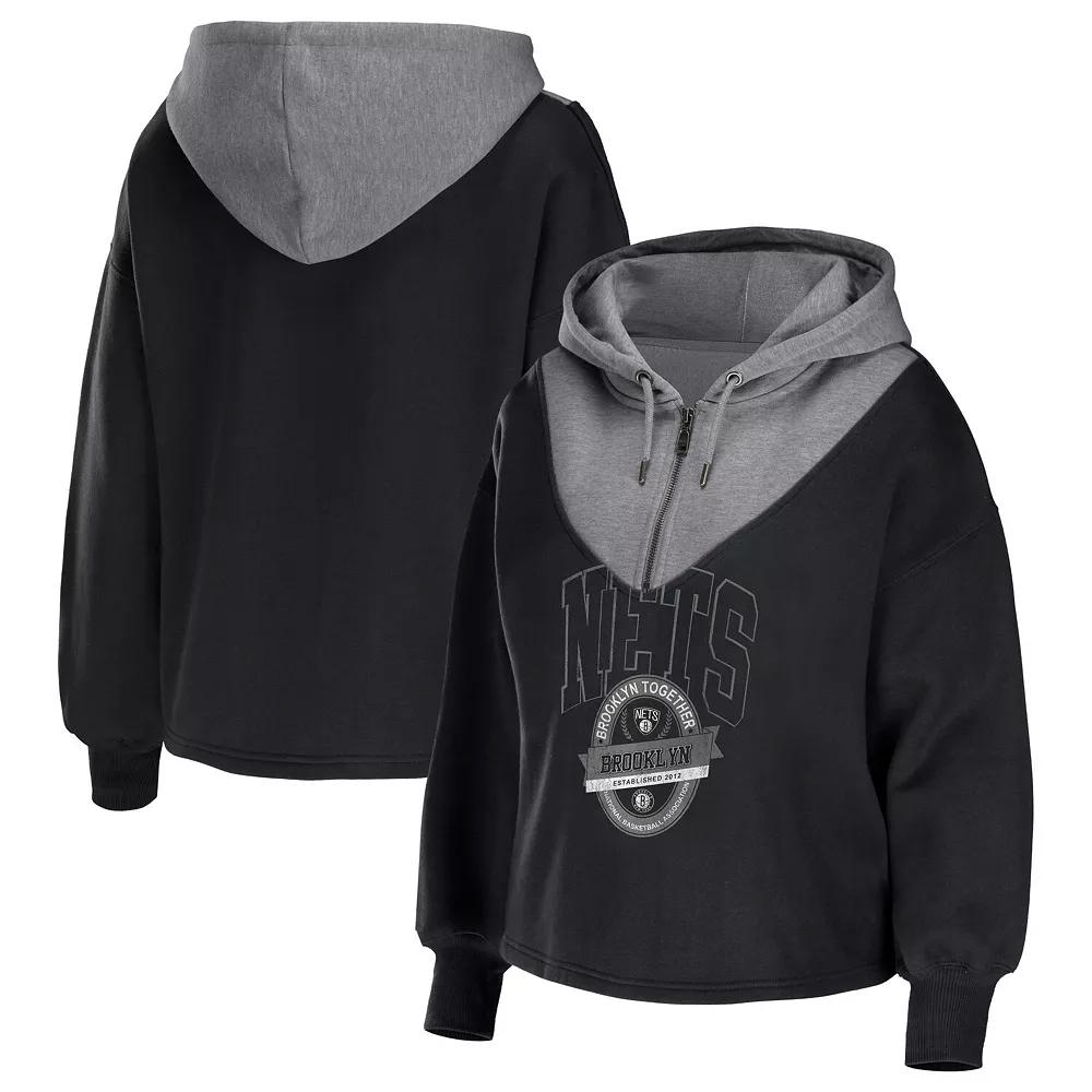 Women's WEAR by Erin Andrews Black Brooklyn Nets Pieced Quarter-Zip Hoodie Jacket,  Product Image