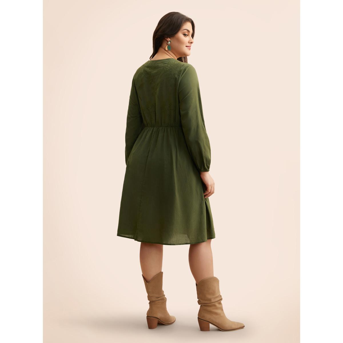 Plus Size Notched Broderie Anglaise Button Detail Dress ArmyGreen Women Elegant Button Notched collar Long Sleeve Curvy BloomChic 18-20/2X Product Image