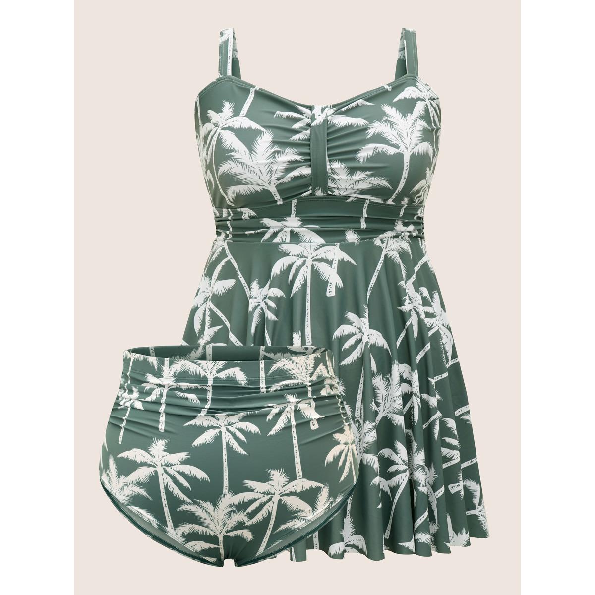 Plus Size Tropical Coconut Tree Ruched Swim Dress Women's Swimwear ArmyGreen Beach Bodycon Heart neckline High stretch Curve Swim Dresses BloomChic 30/6X Product Image