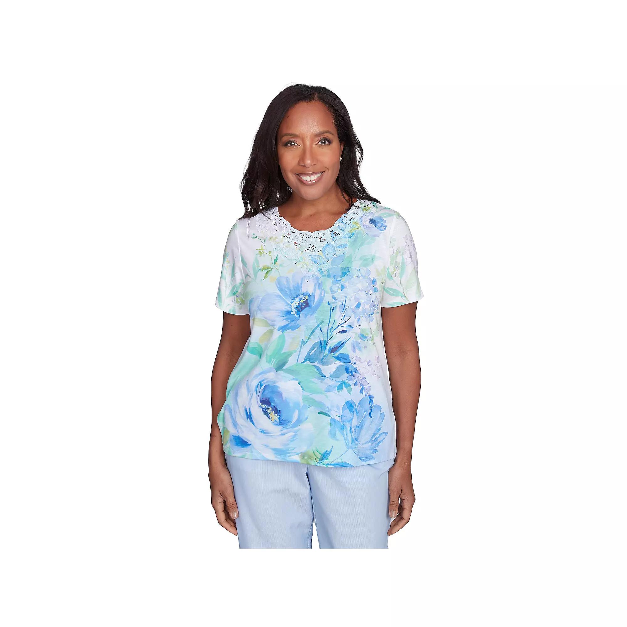 Petite Alfred Dunner Dramatic Floral Print Tee, Women's, Size: Medium Petite, Blue Team Product Image