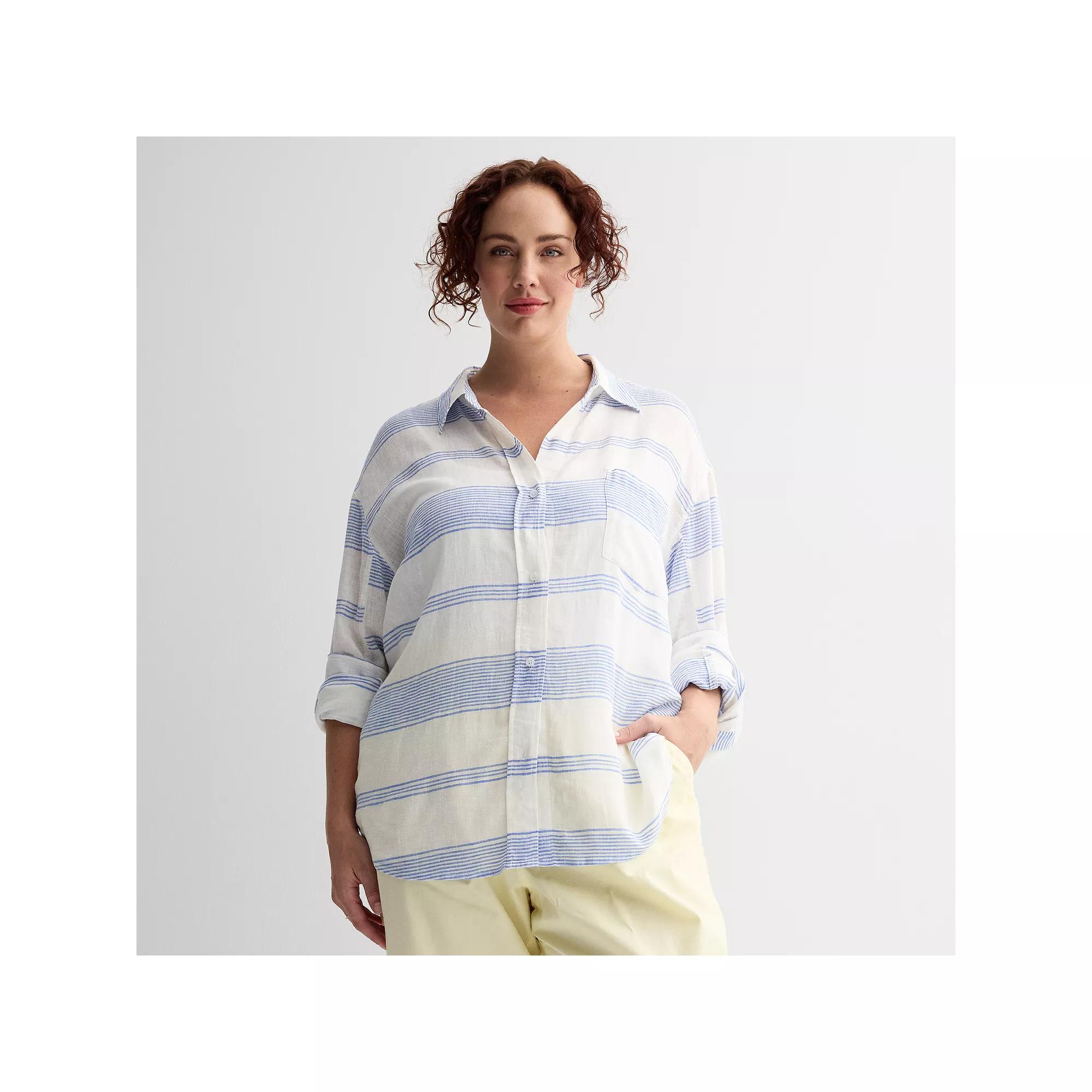 Plus Size Sonoma Goods For Life® Oversized Linen-Blend Boyfriend Shirt, Women's, Size: 2XL, Neutral Blue Stripe Product Image