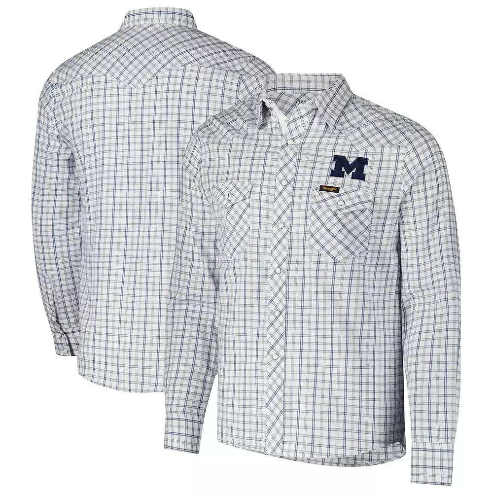Men's Colosseum x Wrangler White Michigan Wolverines Plaid Window Pane Long Sleeve Full-Snap Shirt, Size: Medium Product Image