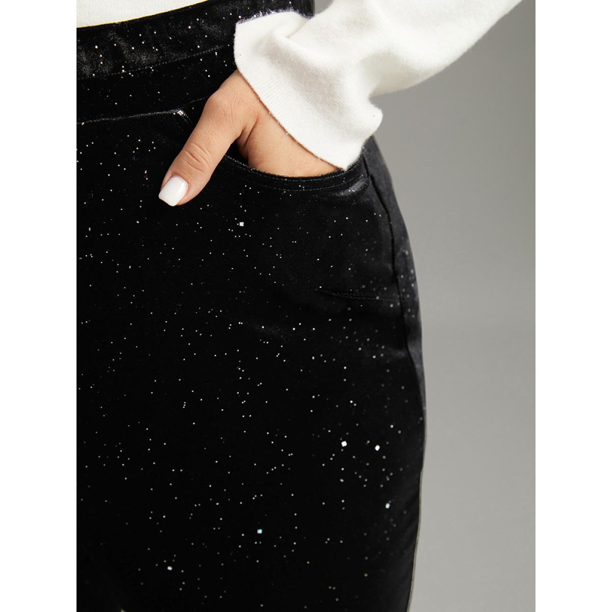 Plus Size Velvet Glitter Patchwork Pocket Flare Leg Pants Women Black Glamour Flare Leg High Rise Festival-Christmas Pants BloomChic 22-24/3X Product Image