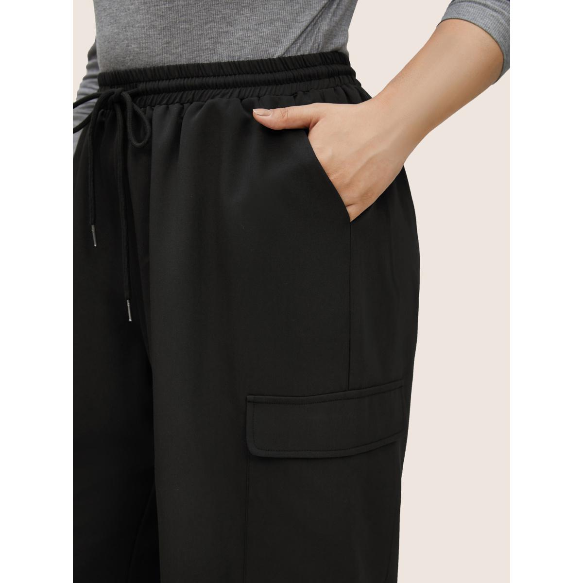 Plus Size Plain Pocket Drawstring Elastic Waist Straight Leg Pants Women Black Casual Straight Leg High Rise Everyday Pants BloomChic 14-16/1X Product Image