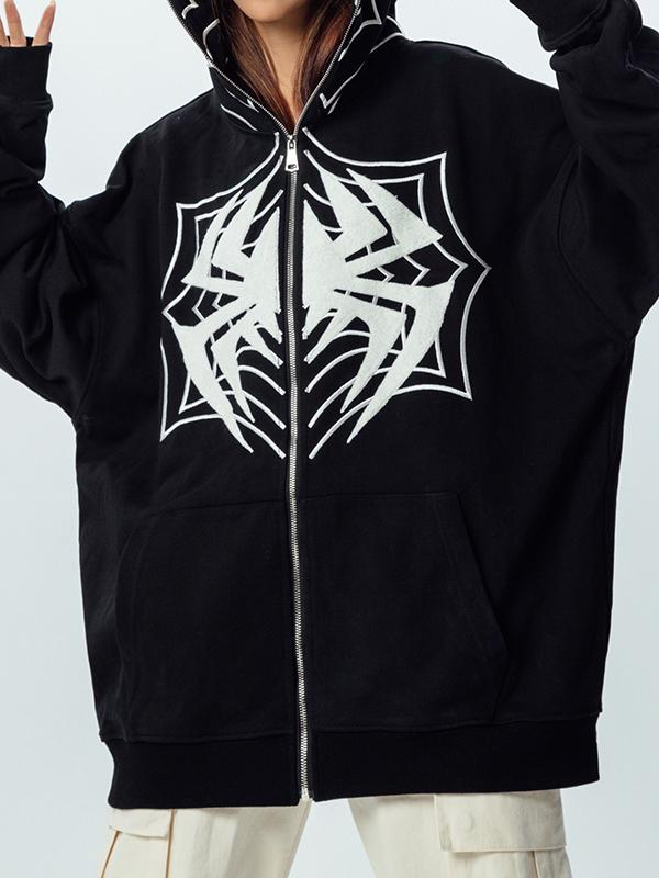 Contrast Color Spider Print Full Zip Oversized Hoodie Product Image