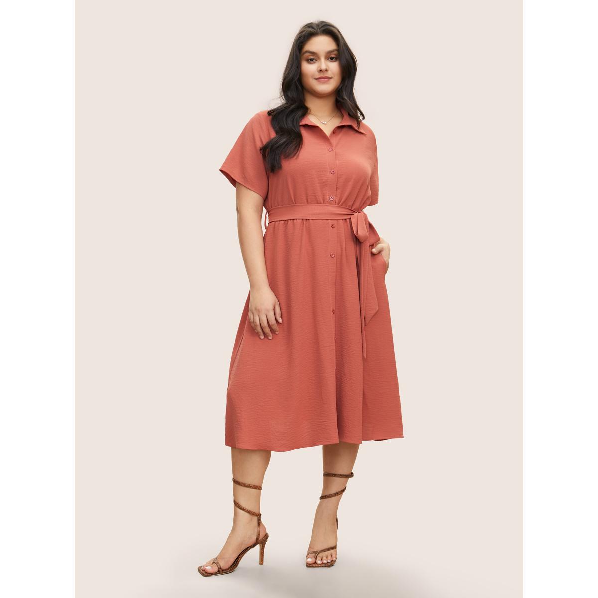 Plus Size Shirt Collar Button Through Belted Crepe Dress Rust Women At the Office Non Shirt collar Short sleeve Curvy Midi Dress BloomChic 12/L Product Image