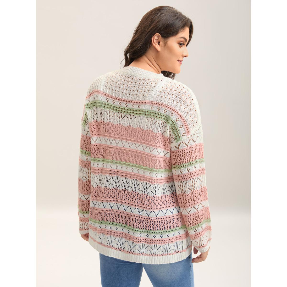 Plus Size Color Block Cut-Out Ribbed Pullover Ivory Women Casual Loose Long Sleeve Round Neck Everyday-Casual Pullovers BloomChic 12/L Product Image