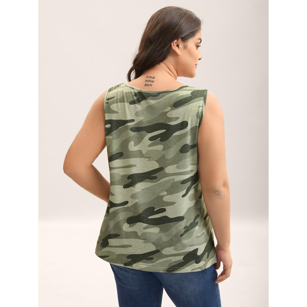 Plus Size Camouflage Print Round Neck Tank Top Women Multicolor Leisure Contrast Round Neck Casual Tank Tops Camis BloomChic 10/M Product Image