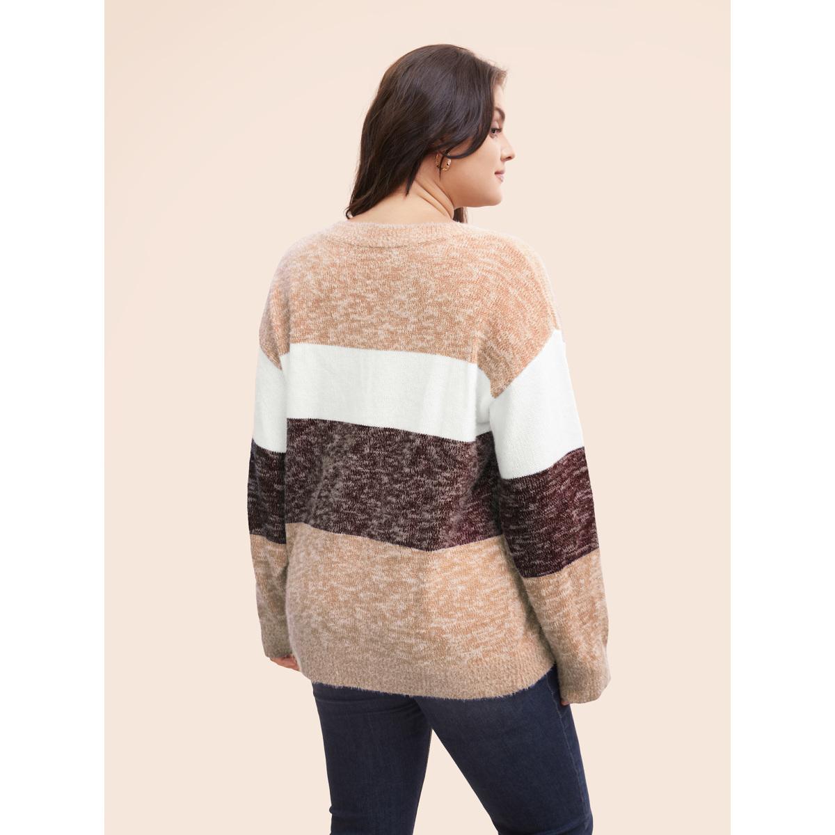 Plus Size Colorblock Contrast Super Soft Plush Knit V Neck Pullover DarkBrown Women Elegant Loose Long Sleeve V-neck Dailywear Pullovers BloomChic 22-24/3X Product Image