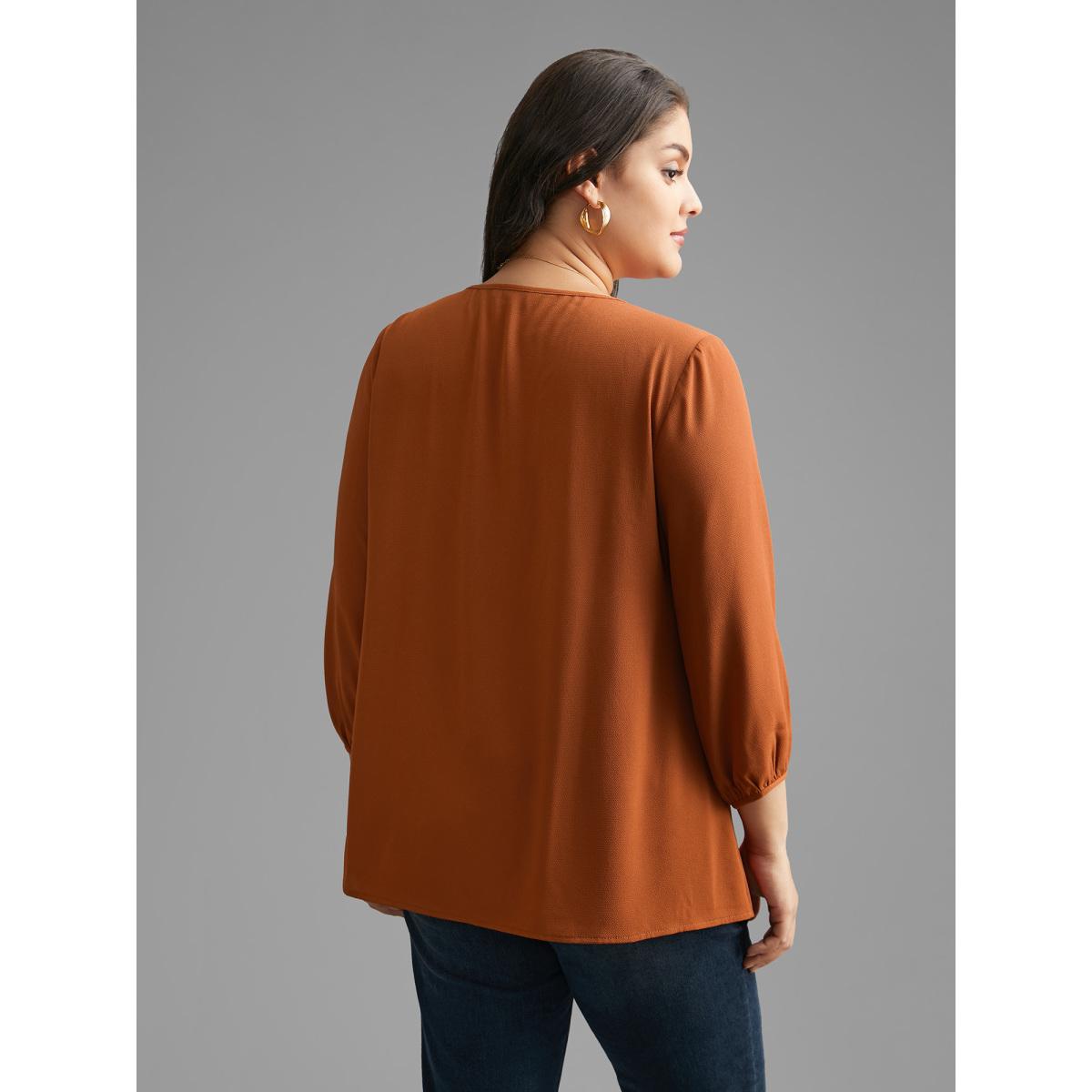 Plus Size Rust Notched Lace Trim Gathered Blouse Women Elegant Extra Long Sleeve Flat collar with V-notch Everyday Blouses BloomChic 30/6X Product Image