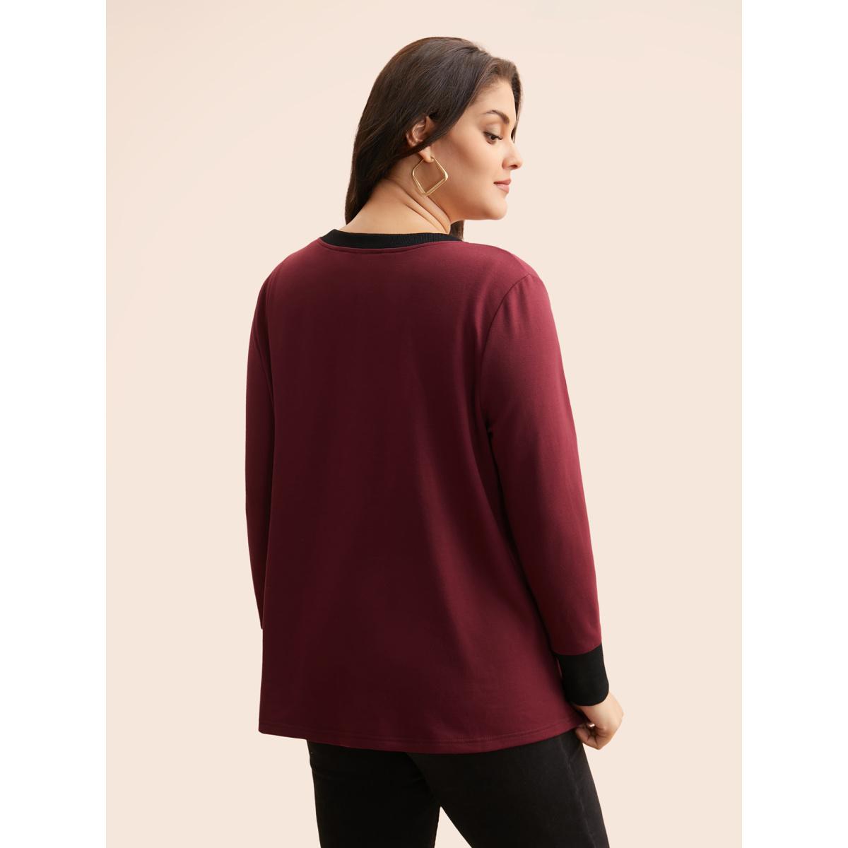 Plus Size V Neck Contrast Patchwork Sweatshirt Women Deepred Casual Contrast V-neck Everyday Sweatshirts BloomChic 18-20/2X Product Image