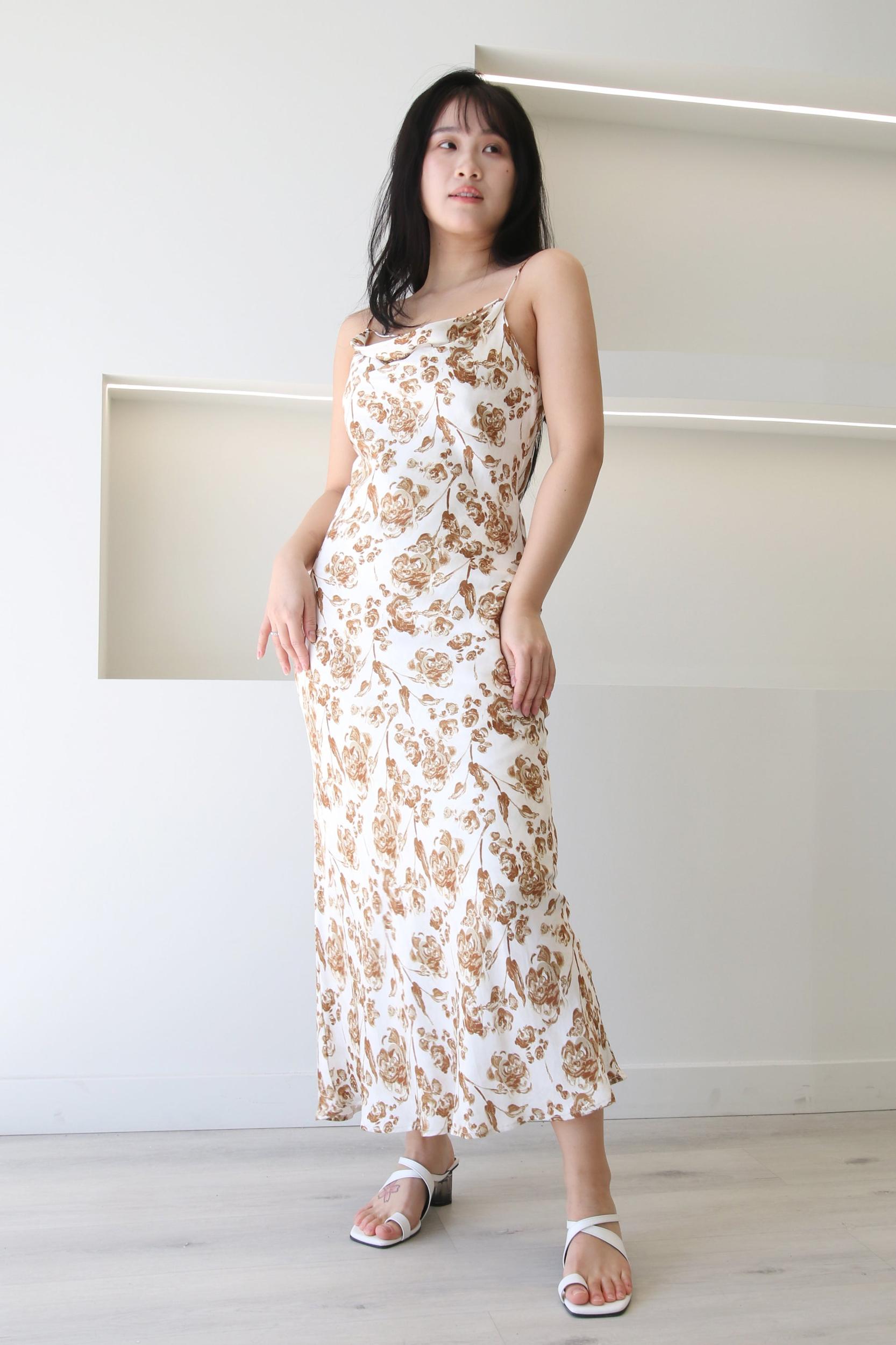 White Brown Rose Print Slip Midi Dress Product Image