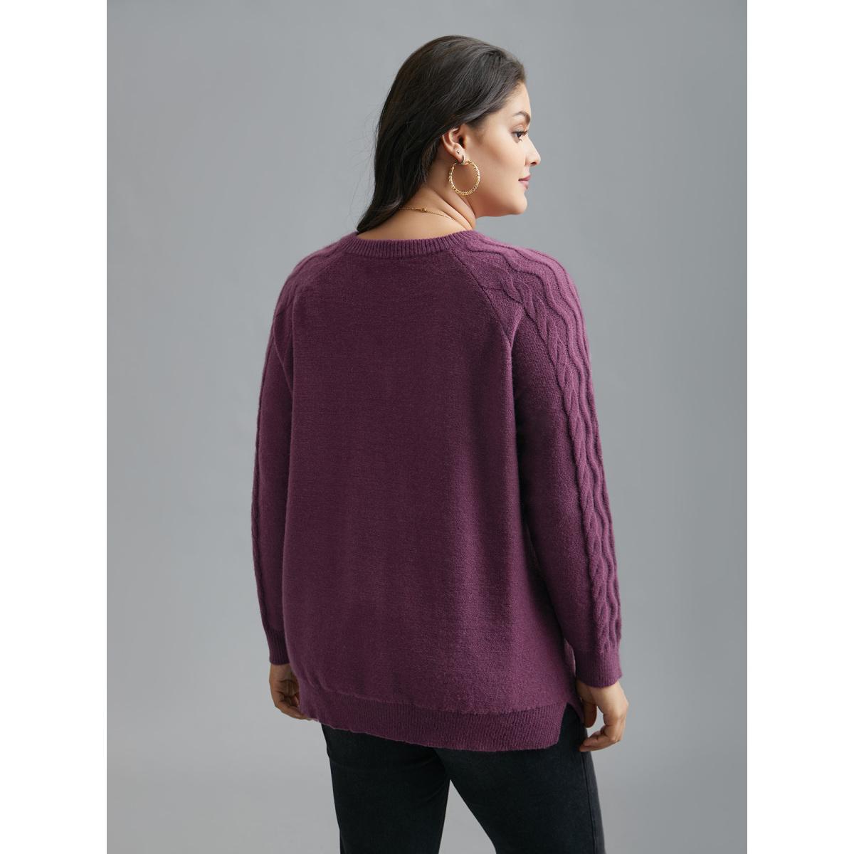 Plus Size Plain V Neck Cable Knit Pullover Deeppurplered Women Casual Loose Long Sleeve V-neck Everyday Pullovers BloomChic 22-24/3X Product Image