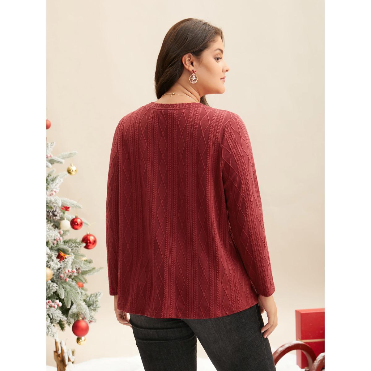 Plus Size V-neck Cable Knit Slim-Fit Tee Deepred Women Casual Texture V-neck Everyday T-shirts BloomChic 30/6X Product Image
