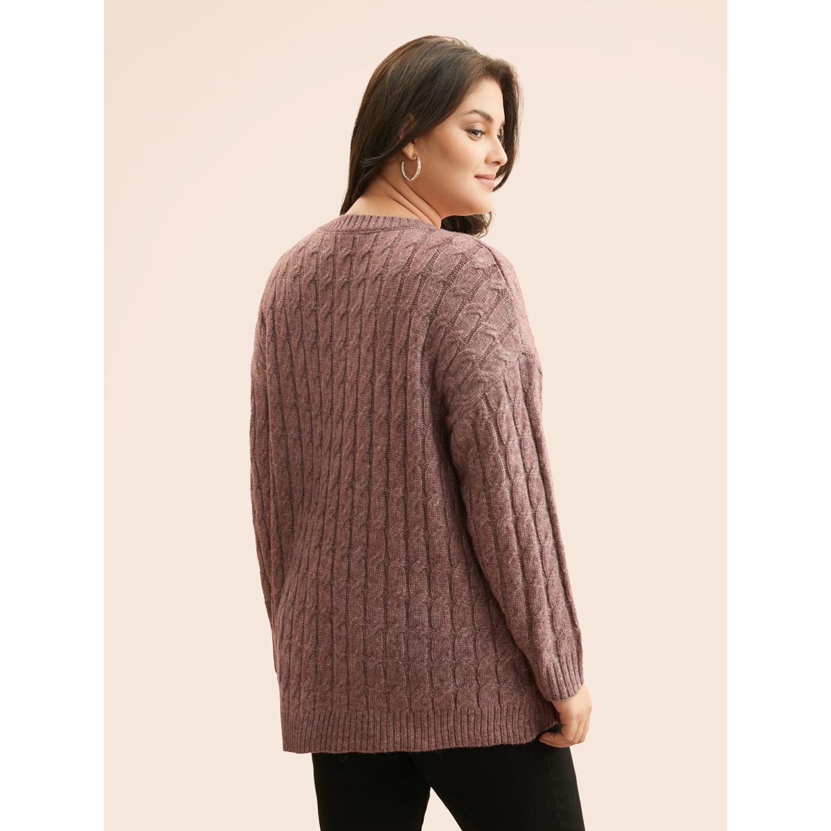 Plus Size Heather Texture Cable Knit Pullover Plum Women Casual Long Sleeve V-neck Everyday Pullovers BloomChic 28/5X Product Image