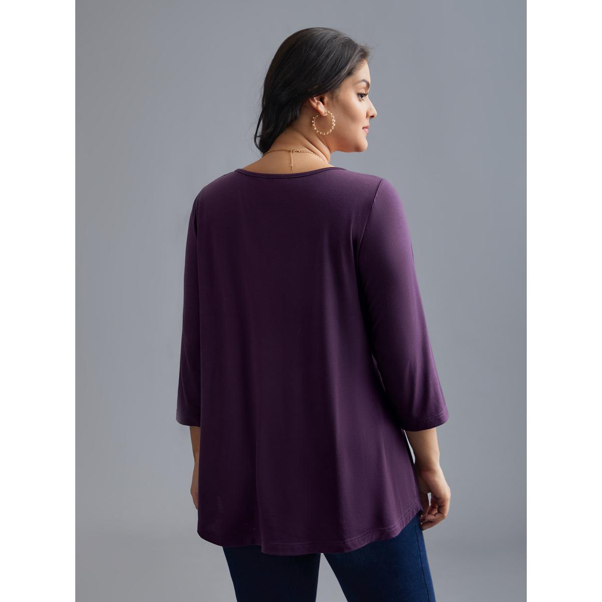 Plus Size Asymmetrical Hem Overlap Long T-shirt Eggplant Women Leisure Tucked seam Round Neck Loose Casual T-shirts BloomChic 14-16/1X Product Image