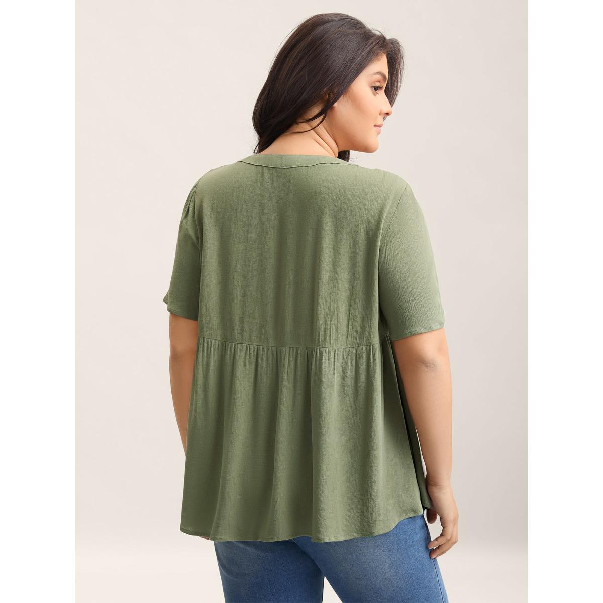 Plus Size Moss Textured Button Placket V-Neck Shirt Women Leisure Short sleeve V-neck Casual Blouses BloomChic 28/5X Product Image