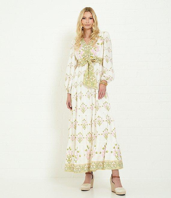 A Loves A Floral Printed Long Sleeve V-Neck Self Tie Maxi Dress Product Image