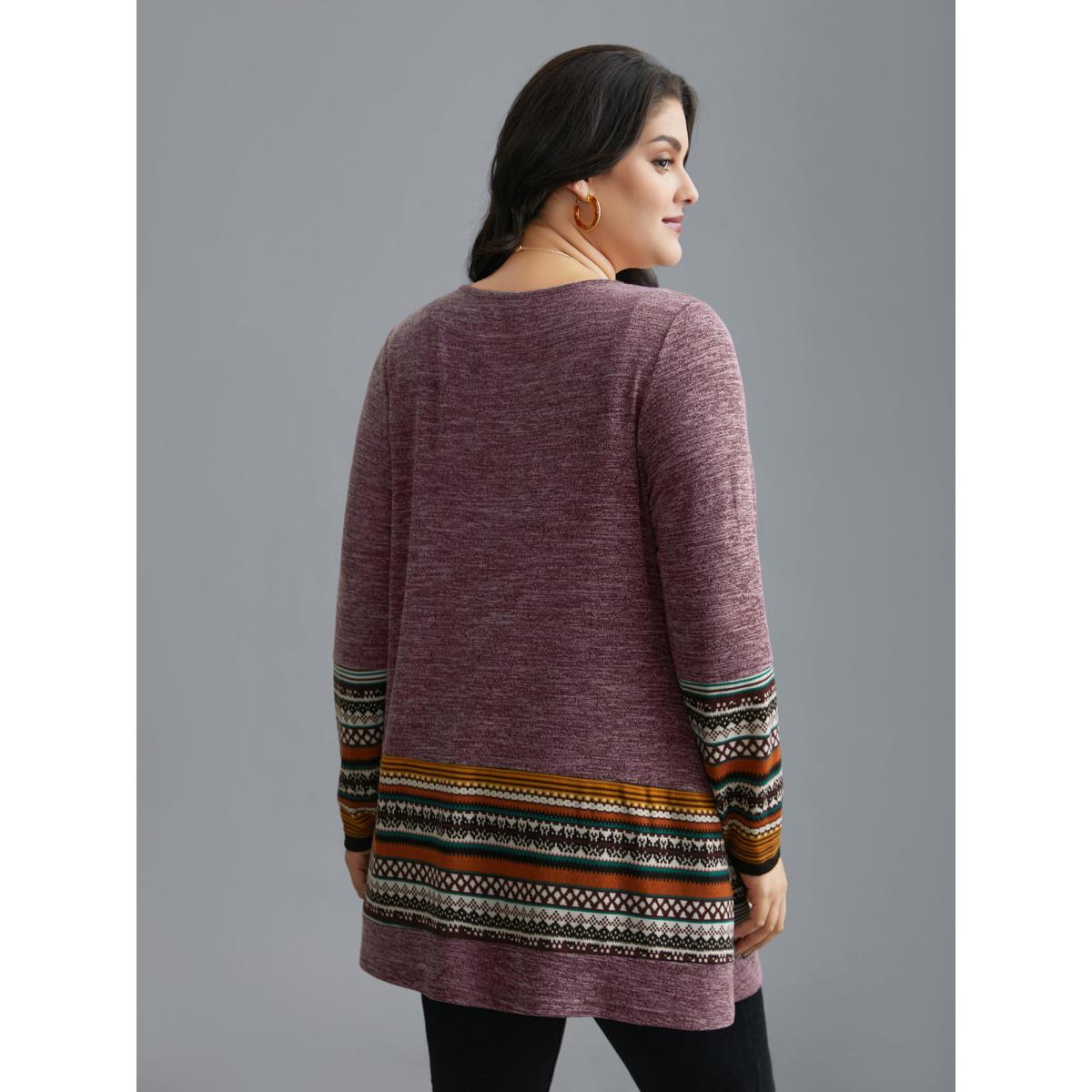 Plus Size Tunic Boho Print Pocket T-shirt Deeppurplered Women Casual Contrast Round Neck Loose Everyday T-shirts BloomChic 10/M Product Image