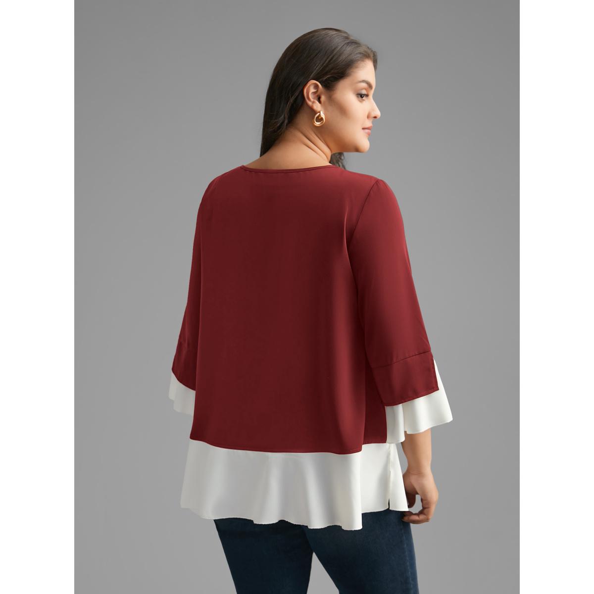 Plus Size Scarlet Contrast Patchwork Bell Sleeve Blouse Women Elegant Elbow-length sleeve Round Neck Everyday Blouses BloomChic 12/L Product Image