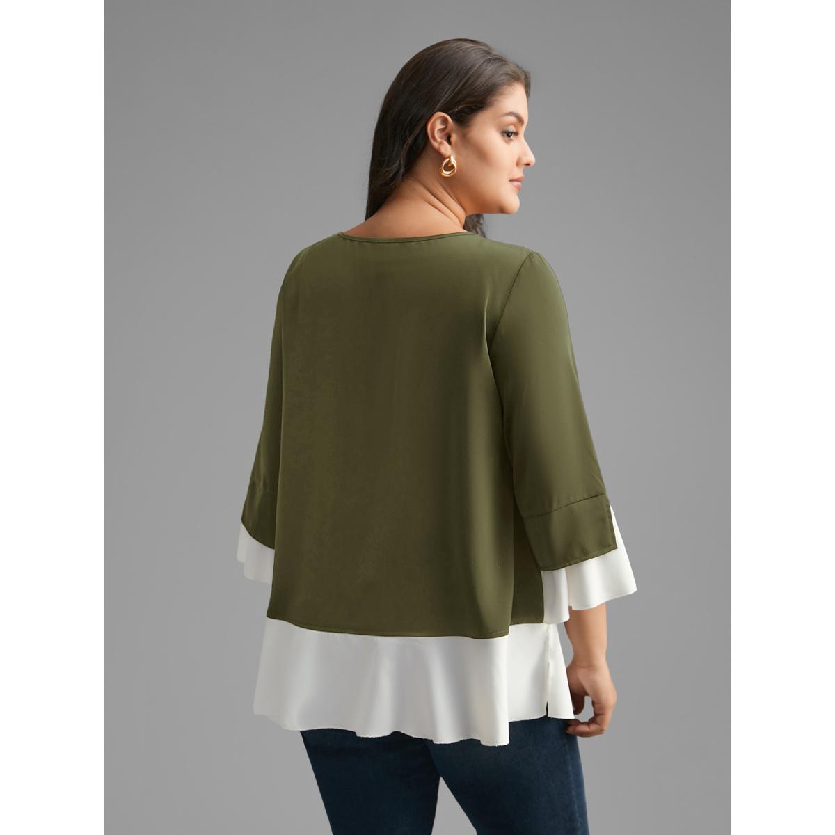 Plus Size ArmyGreen Contrast Patchwork Bell Sleeve Blouse Women Elegant Elbow-length sleeve Round Neck Everyday Blouses BloomChic 12/L Product Image