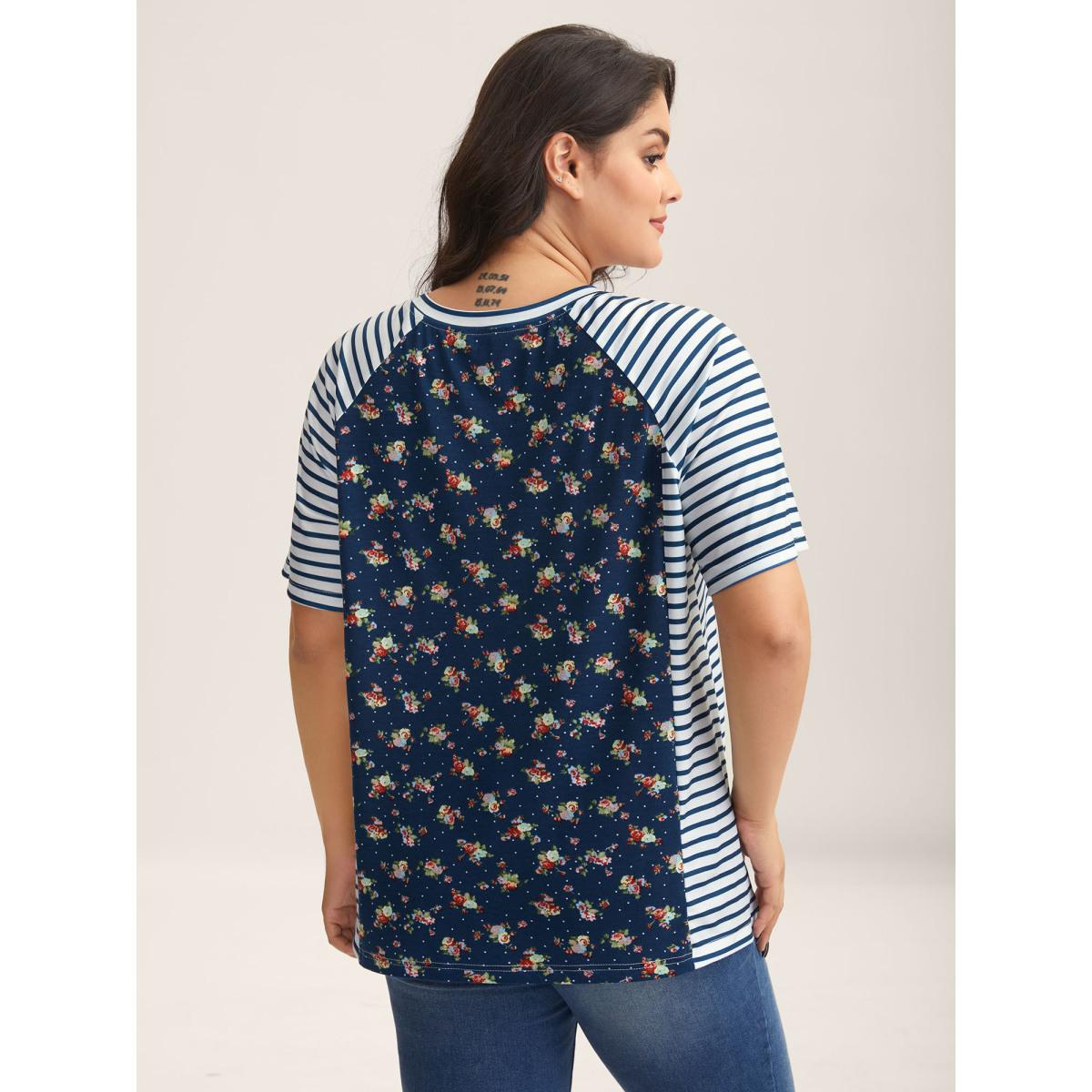 Plus Size Floral Stripes Raglan Sleeve T-Shirt Indigo Women Contrast Round Neck Everyday-Casual T-shirts BloomChic 10/M Product Image