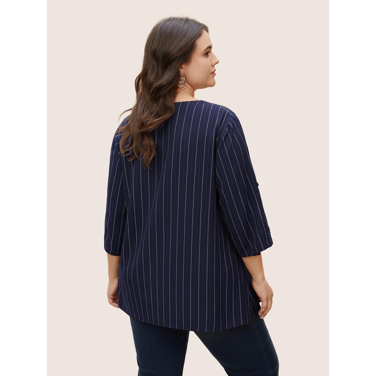 Plus Size Indigo Striped Half Zip Tab Sleeve Blouse Women Work From Home Elbow-length sleeve Flat collar Work Blouses BloomChic 26/4X Product Image