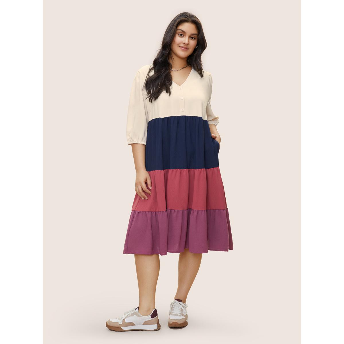Plus Size Colorblock Contrast Button Detail Layered Hem Dress Multicolor Women Casual Non V-neck Elbow-length sleeve Curvy Midi Dress BloomChic 12/L Product Image