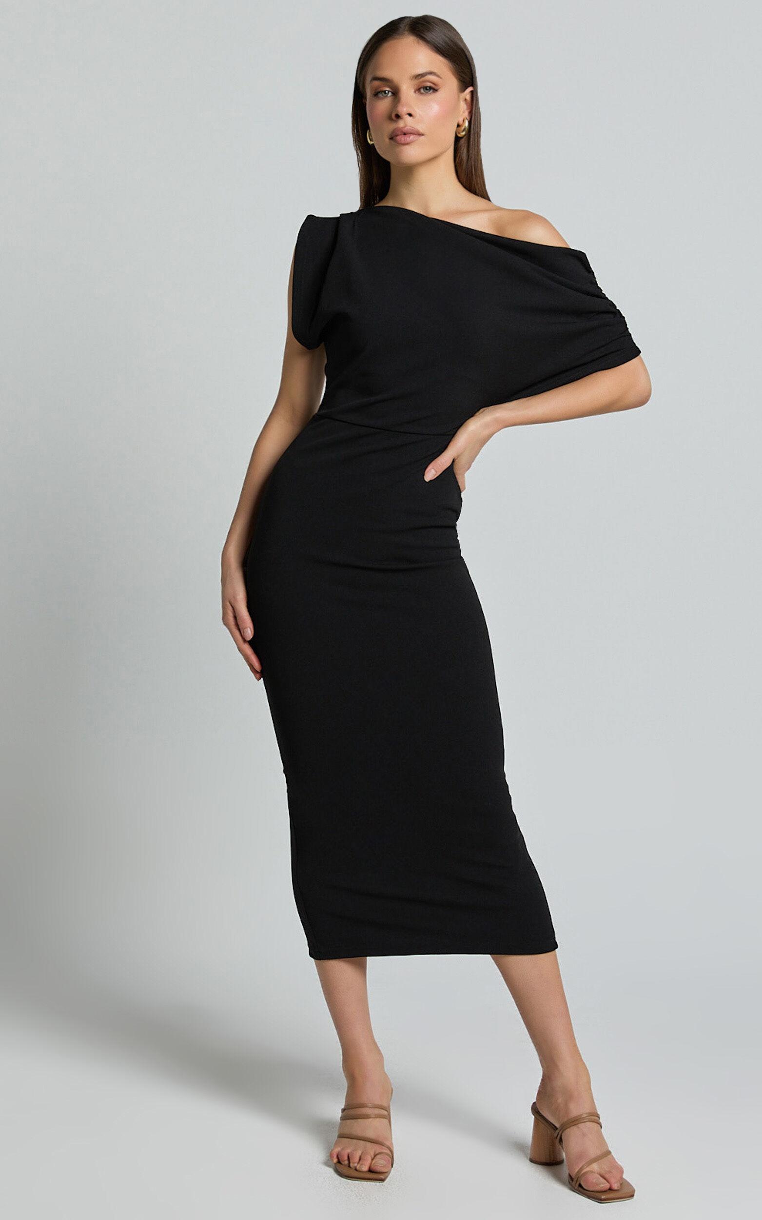 Nalfie Midi Dress - Tipped Shoulder Jersey Drape Dress in Black Product Image