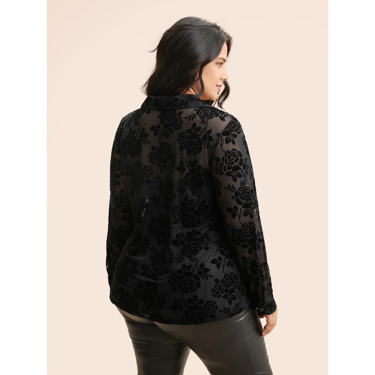Plus Size Black Shirt Collar Floral Flocking Mesh Blouse Women Elegant Long Sleeve Shirt collar Everyday Blouses BloomChic 26/4X Product Image