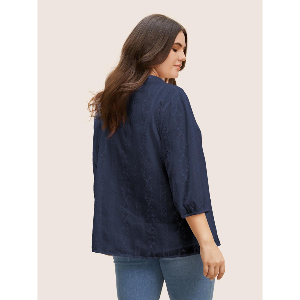 Plus Size Indigo Texture Mesh Button Detail Tucked Seam Blouse Women Timeless Elbow-length sleeve V-neck Elegant Blouses BloomChic 30/6X Product Image