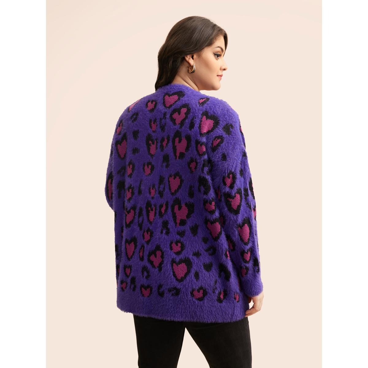 Plus Size Leopard Print Fluffy Patch Pocket Cardigan Deeppurple Women Casual Loose Long Sleeve Everyday Cardigans BloomChic 14-16/1X Product Image